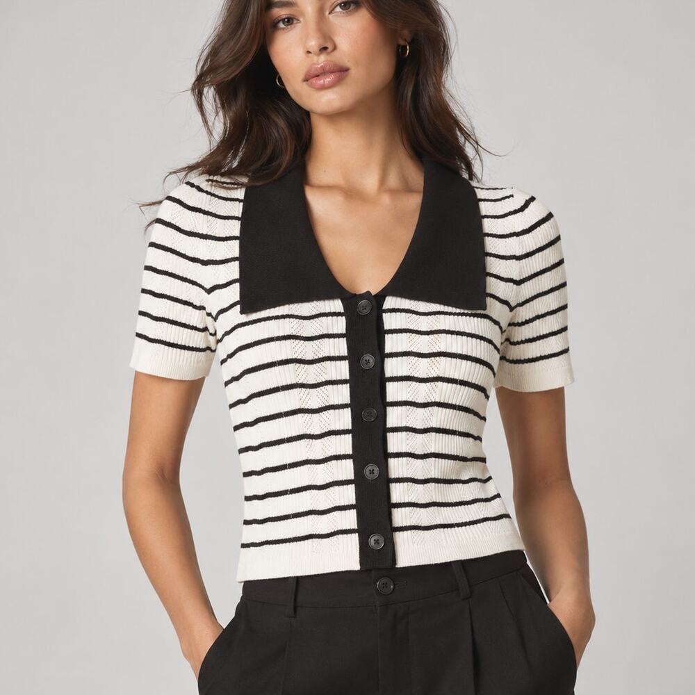 Maeve Anthropologie Striped Collared Short Sleeve Cardigan Black White Small